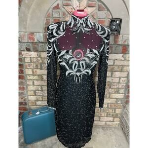 dress 100% silk beaded sheer bust high collar black white